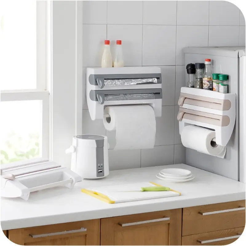 4 in 1 Cling Film Roll Holder Cutter With Storage Rack