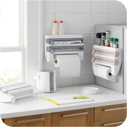 4 in 1 Cling Film Roll Holder Cutter With Storage Rack
