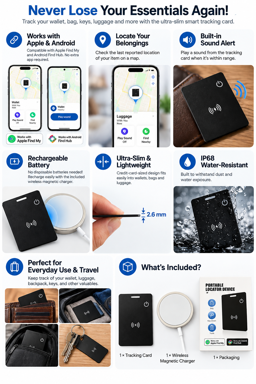Smart Tracker Card + Wireless Charger | Compatible with Apple & Android